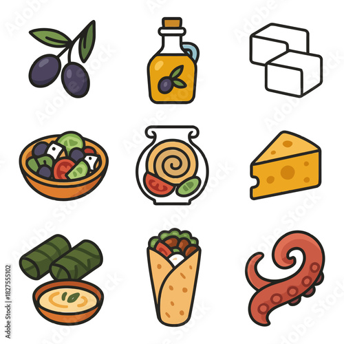 Collection of greek cuisine icons: olive oil, cheese, salad, octopus, dolma, wraps, olives, sugar cubes.
