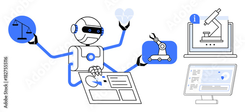Robot performing tasks thumbs up analyzing data, balancing ethics, and managing automation. Ideal for AI, robotics, automation, research, healthcare technology and innovation concepts. A simple