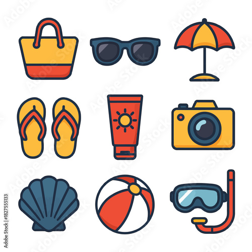 Summer beach essentials: bag, sunglasses, umbrella, flip-flops, sunscreen, camera, shell, ball, snorkel.