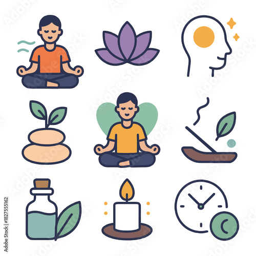 Mindful meditation and wellness icons: candle, lotus, incense, meditation, mindfulness.