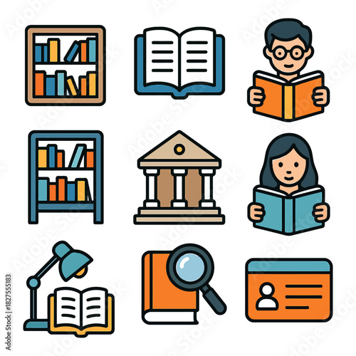 Library icons: books, reading, learning, male, female, study, knowledge.