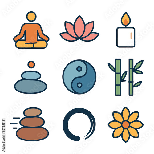 Zen icons: meditation, yin yang, bamboo, lotus, candle for peaceful balance.