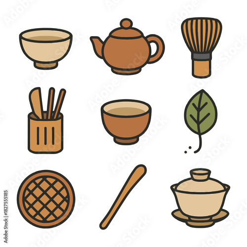 Traditional tea ceremony tools and symbols vector set.