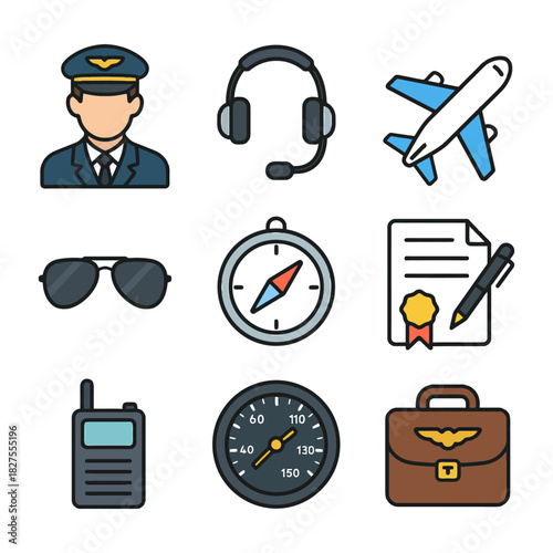 Aviation icons: pilot, headset, airplane, compass, documents, sunglasses, radio, speedometer, briefcase.