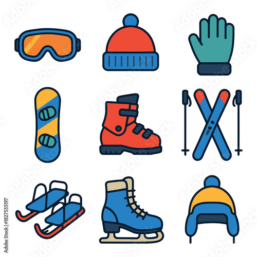 Winter sports equipment: goggles, skis, snowboard, skates, and apparel.