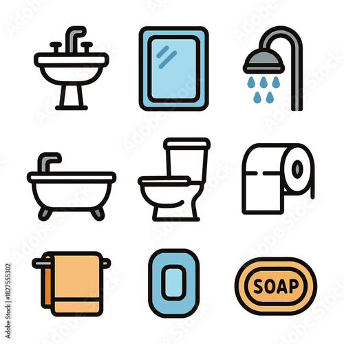 Bathroom icon set: sink, mirror, shower, bathtub, toilet, paper, towel, soap.