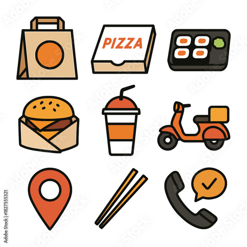 Cartoon food delivery icons with pizza, burger, drink, scooter, and location pin.