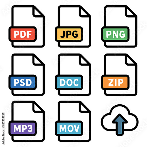 File format icons set featuring pdf jpg png psd doc zip mp3 mov cloud upload.