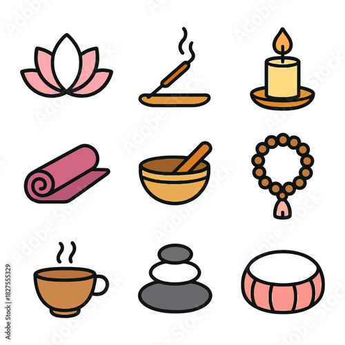 Set of spa and meditation icons featuring lotuses, incense, and candles for relaxation.