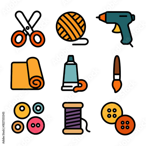 Craft tools and materials: scissors, yarn, glue gun, brushes, buttons, fabric, thread, paint.