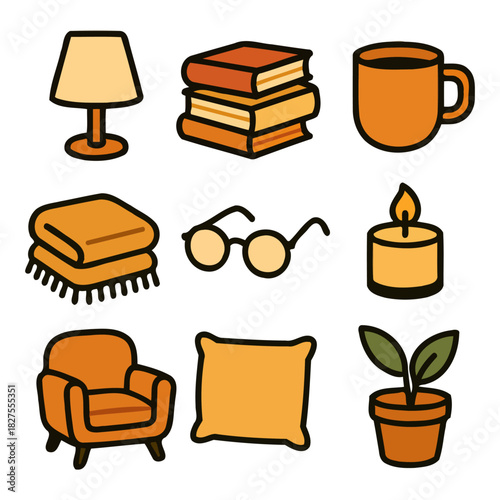 Cozy home items collection: lamp, books, mug, blanket, glasses, candle, armchair, pillow, plant.