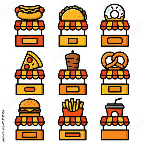 Colorful icon set of various street food stalls including hotdog taco and pizza.