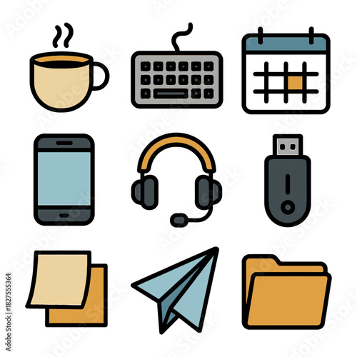 Office essentials: coffee, keyboard, calendar, smartphone, headset, usb.