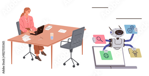 Woman at desk with laptop, adjacent to a robot performing tasks on screen with icons for analytics, idea, and global. Ideal for workplace productivity, AI technology, remote work, automation, tech