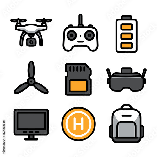 Drone and accessories icons: controller, battery, propeller, vr headset, monitor, backpack.