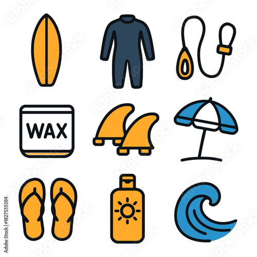 Surf gear icons: surfboard, wetsuit, sunscreen, wave, flip-flops, umbrella.