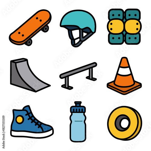 Colorful skateboarding gear: helmet, ramp, cone, shoes, wheels.