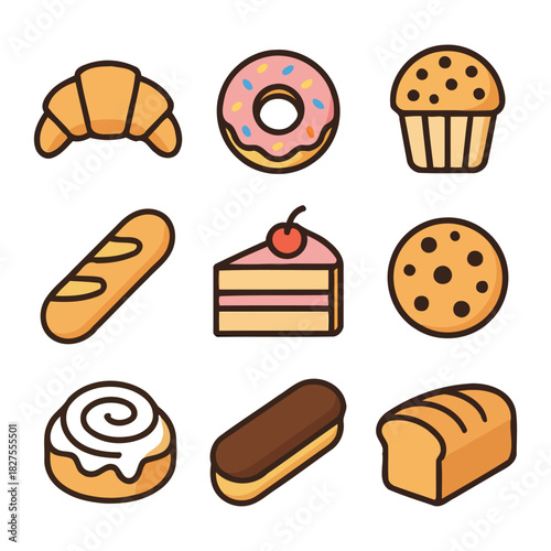 Assorted pastries and baked goods in cartoon style.