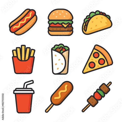 Assorted fast food icons: hotdog, burger, taco, fries, wrap, pizza, drink, corn dog, skewer.