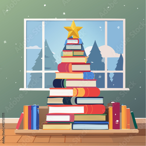 Creative holiday concept featuring a Christmas tree made from a colorful stack of books on a shelf, with a snowy winter landscape seen through the window