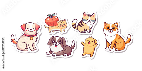 Set of cute pet sticker vector. Lovely cat and dog doodle in different poses and breeds. Adorable funny pet and many characters hand drawn collection for T-shirt, sticker, print, pet ... See More
