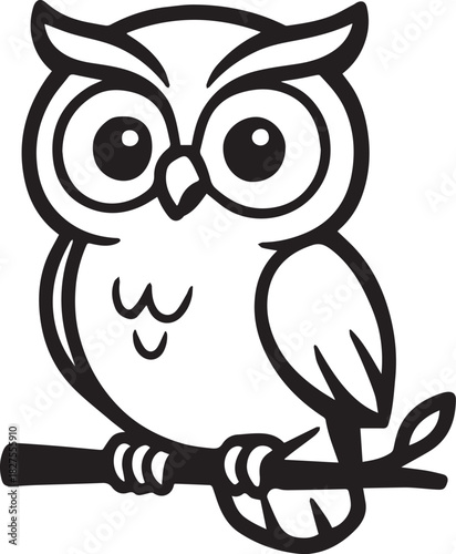 A wise and cute cartoon owl perches gracefully on a slender branch, its large, expressive eyes and detailed line work capture attention. 