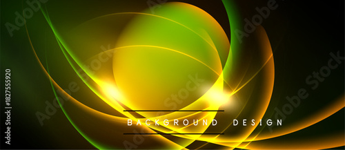 Abstract vibrant design features flowing lines, bright yellow, green hues. Dark background emphasizes luminous curves, creating dynamic visual effect.