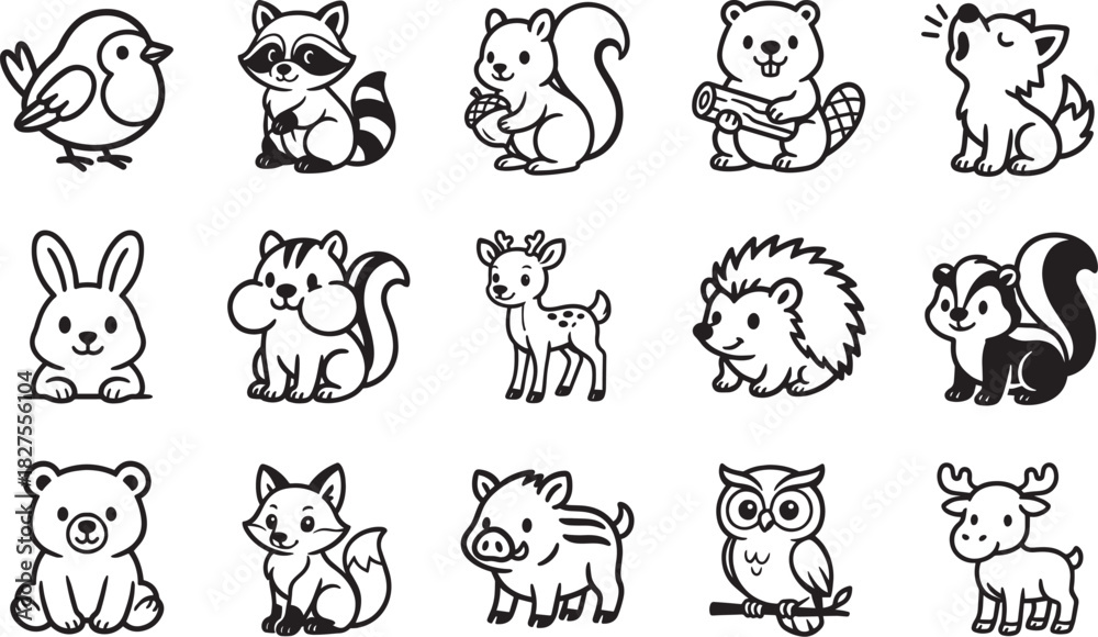 Obraz premium A charming collection of playful forest creatures. Each creature carefully outlined and illustrated, their unique characteristics are accentuated.