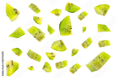 kiwi slice peel plie cut piece isolated on white background splash fall
