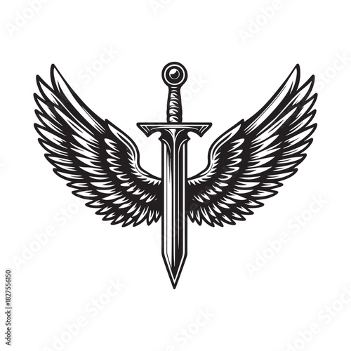 Winged Sword Emblem – Black and White Vector Illustration