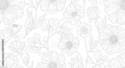 Delicate floral pattern with line drawn flowers and leaves on