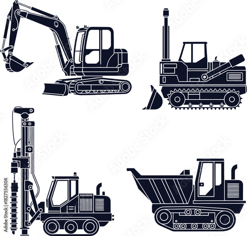 Set of Silhouetted Excavation and Construction Machinery on White Background Keywords: excavator, backhoe, bulldozer, dozer, crawler