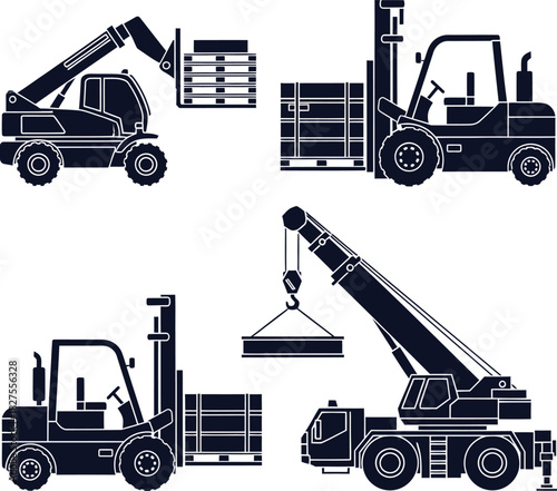 Set of Silhouettes of Industrial Lifting and Loading Machines forklift telehandler