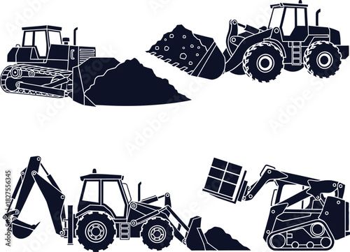 Silhouette construction vehicles bulldozer backhoe loader skid steer loader moving dirt heavy equipment