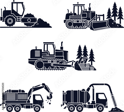 Set of Silhouette Construction and Industrial Vehicles with Trees Keywords: construction, industrial, vehicle, machinery, equipment