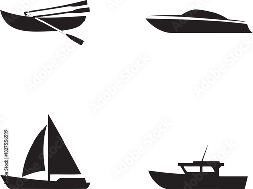 Boat Silhouette Vector Set – Rowboat, Speedboat, Sailboat, and Motorboat Icons 