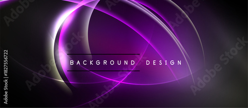 Abstract purple design features flowing lines, curves, gradients. Dark background enhances luminous effect. Text reads background design.
