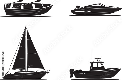 Boat Silhouette Vector Set – Rowboat, Speedboat, Sailboat, and Motorboat Icons 