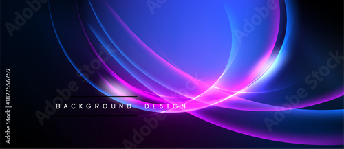 Abstract flowing lines create vibrant, dynamic background. Blue, purple hues dominate dark space. Modern design element.