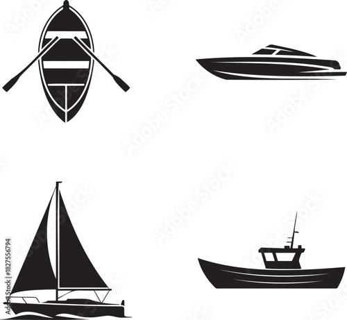 Boat Silhouette Vector Set – Rowboat, Speedboat, Sailboat, and Motorboat Icons 