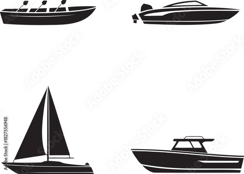 Boat Silhouette Vector Set – Rowboat, Speedboat, Sailboat, and Motorboat Icons 