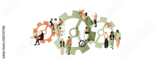 Different people working. Banner with gears and puzzle elements. Working process concept.