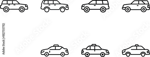 Flat Line Vehicle Icon Set – Taxi Car Icon, Bus Icon, SUV Icon, Sedan Taxi Icon – Minimal Outline Transport Icons for Web, App UI, Delivery, Automotive Design