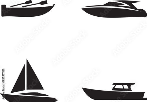 Boat Silhouette Vector Set – Rowboat, Speedboat, Sailboat, and Motorboat Icons 