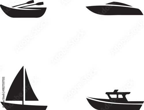 Boat Silhouette Vector Set – Rowboat, Speedboat, Sailboat, and Motorboat Icons 
