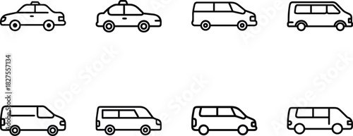 Flat Line Vehicle Icon Set – Taxi Car Icon, Bus Icon, SUV Icon, Sedan Taxi Icon – Minimal Outline Transport Icons for Web, App UI, Delivery, Automotive Design