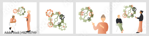 Set of different people pointing on gears and puzzle. Working process concept.