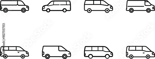 Flat Line Vehicle Icon Set – Taxi Car Icon, Bus Icon, SUV Icon, Sedan Taxi Icon – Minimal Outline Transport Icons for Web, App UI, Delivery, Automotive Design