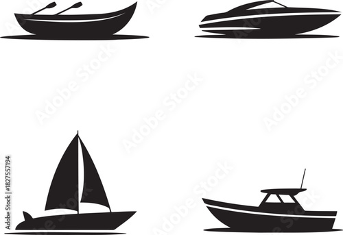 Boat Silhouette Vector Set – Rowboat, Speedboat, Sailboat, and Motorboat Icons 