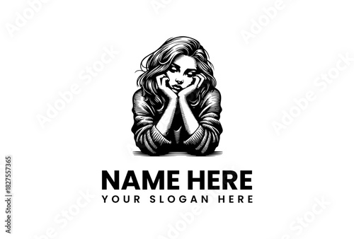 Monochrome Vector Illustration Logo Featuring a Melancholy Woman, Ideal for Branding in EPS Format